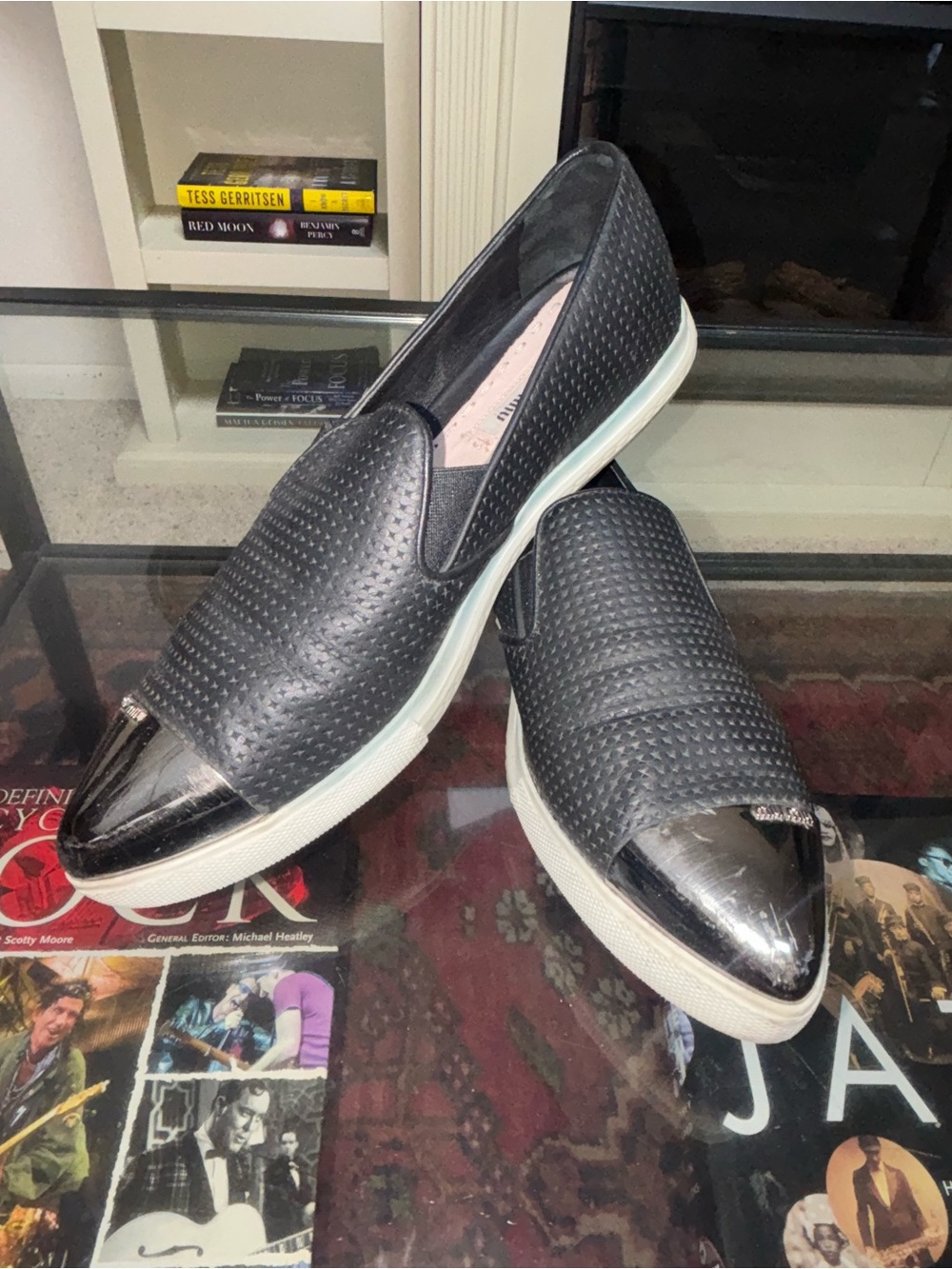 ✨ Miu Miu Black Perforated Leather Metal Cap Toe Slip-On Sneakers